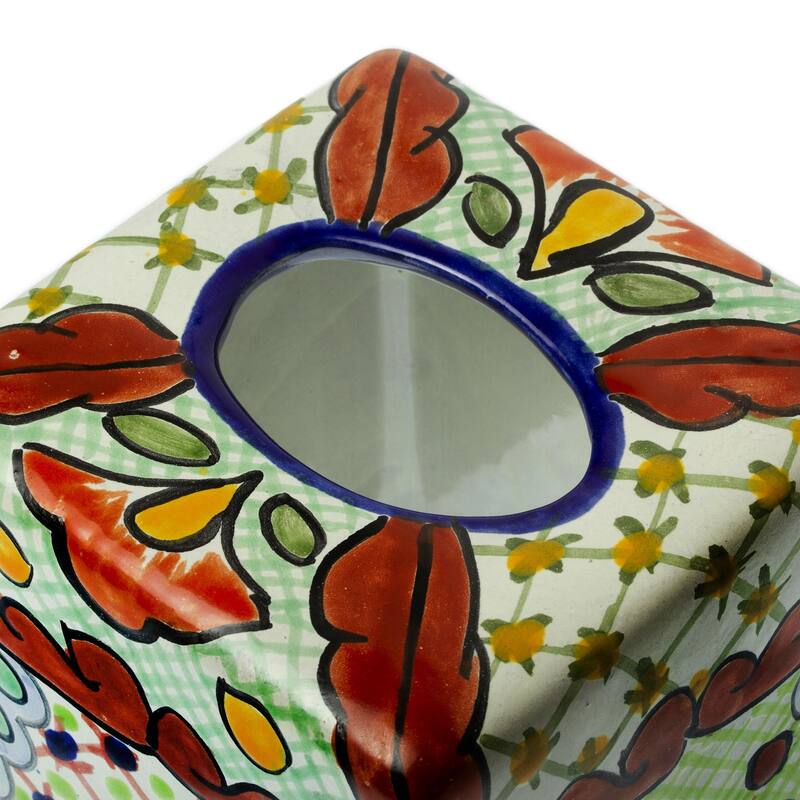 Novica Handmade Hidalgo Bouquet Ceramic Tissue Box Cover - Red