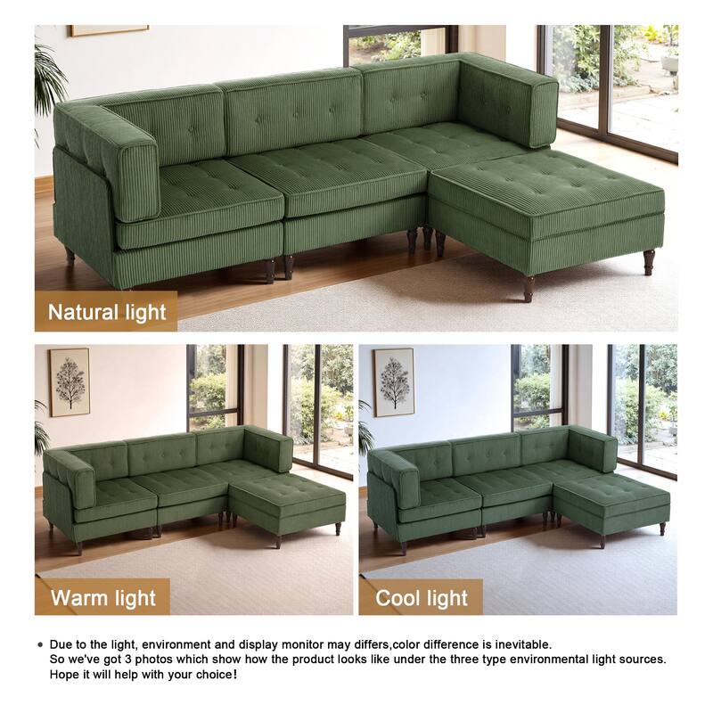 UIXE 4 - Piece Corduroy Sectional Sofa with Flip-Top Storage Ottoman Coffee Table