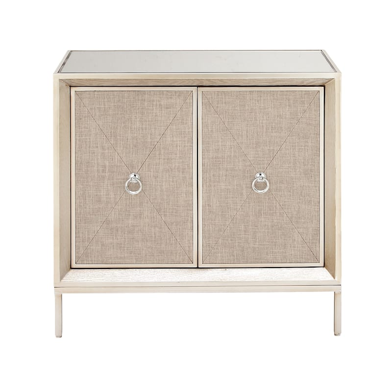 Wooden Upholstered Front Panel 2 Door Cabinet with Mirrored Top and Ring Handles - Beige - Roche River Decor