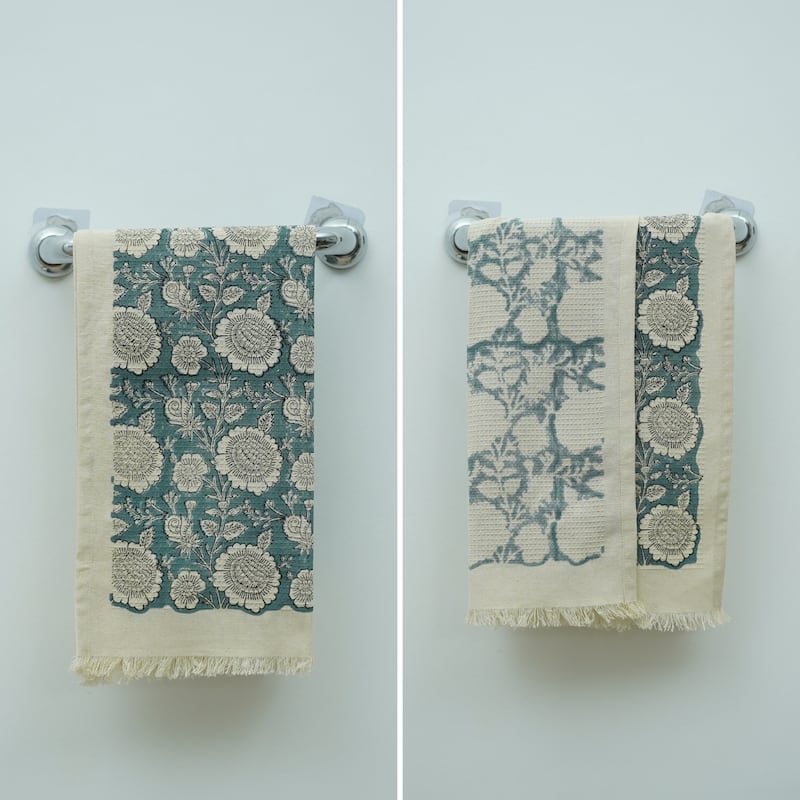 Fabdivine Honeycomb or Waffle Weave Hand Block Floral Print Hand Towel, Kitchen Gift Use