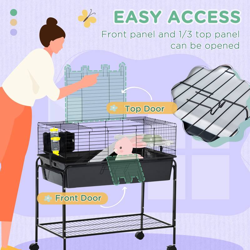 Small Animal Playpen Cage with Stand, Wheels & Storage Shelf - 33" L x 18.5" W x 35.25" H