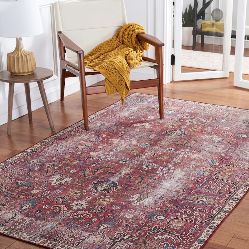 SAFAVIEH Tucson Machine Washable Slip Resistant Loula Oriental Distressed - 4' x 4' Square - Red/Beige - Square
