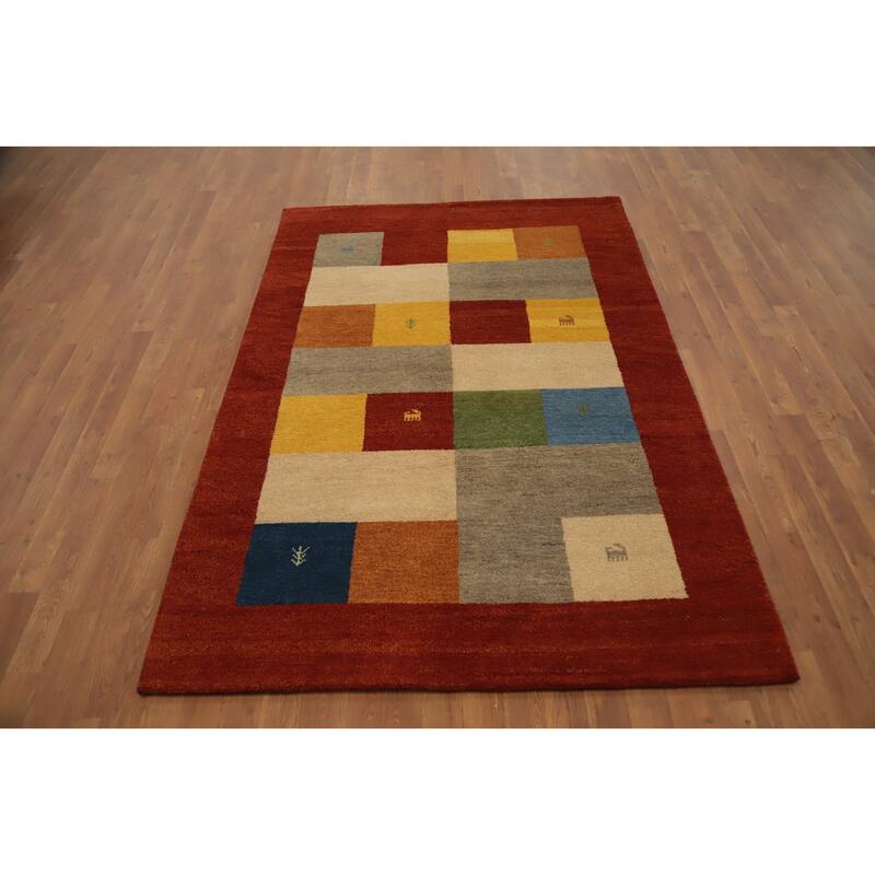 Hand Knotted Oriental 100% Wool Carpet Tribal Geometric Multi-Colored Gabbeh Area Rug - 6' 7'' X 4' 7''
