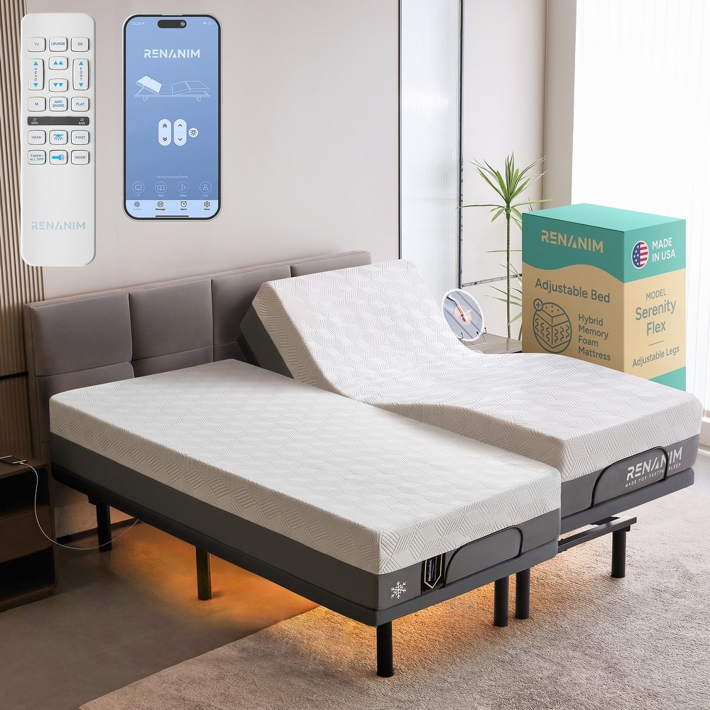 Renanim SF Adjustable Base w/ 12" Hybrid Mattress, Massage, USB, Underbed Light, App, Head & Foot Incline