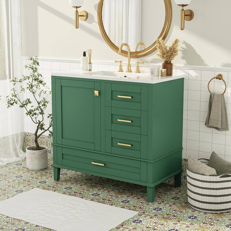 Elegant 36-Inch Bathroom Vanity with Undermount Ceramic Sink, Soft Close Storage Drawers, Silver Handles - Contemporary Look