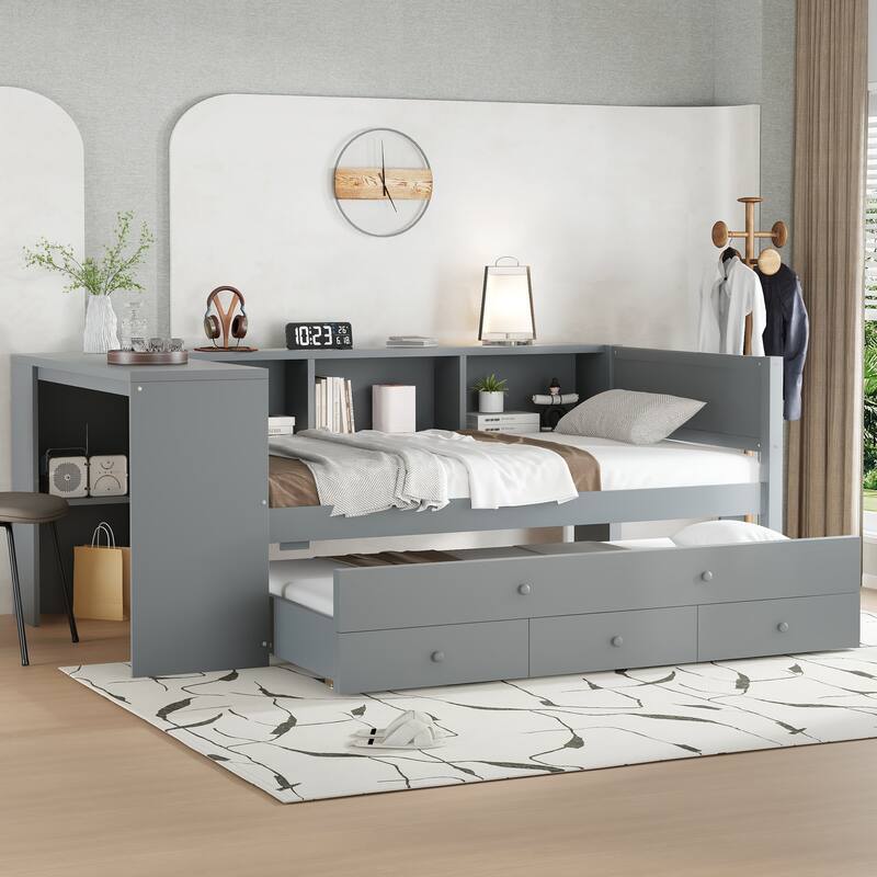 Twin Size Daybed with Trundle, Built-in Shelves, Drawers and Side Desk