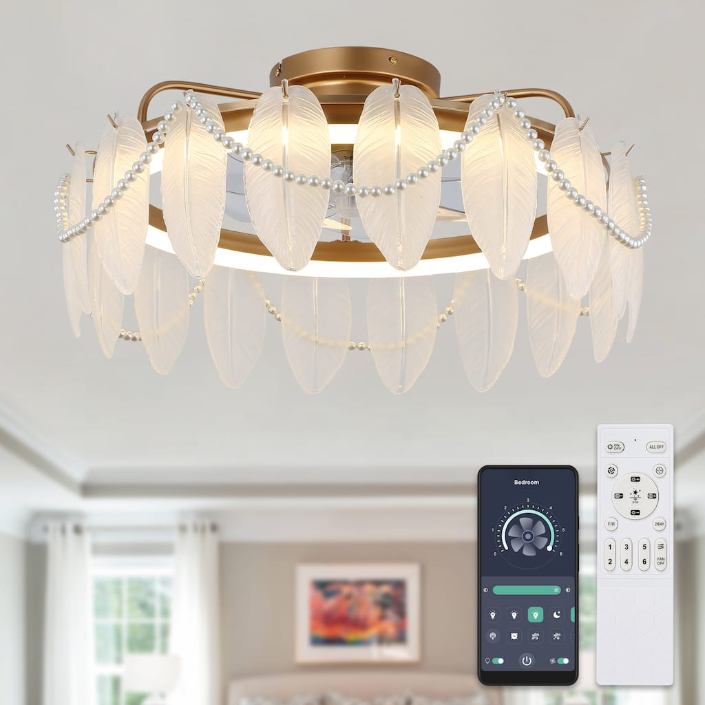 20" Oaks Aura French Country 6 Speeds Flush Mount Ceiling Fan with Remote and LED Lights, Feather and Pearl Bedroom Celling Fan