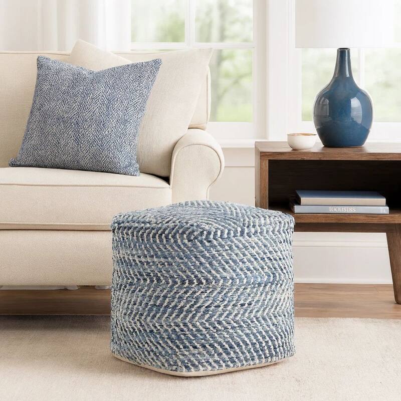 Fabric Round Shaped Pouf with Chevron Pattern, Blue