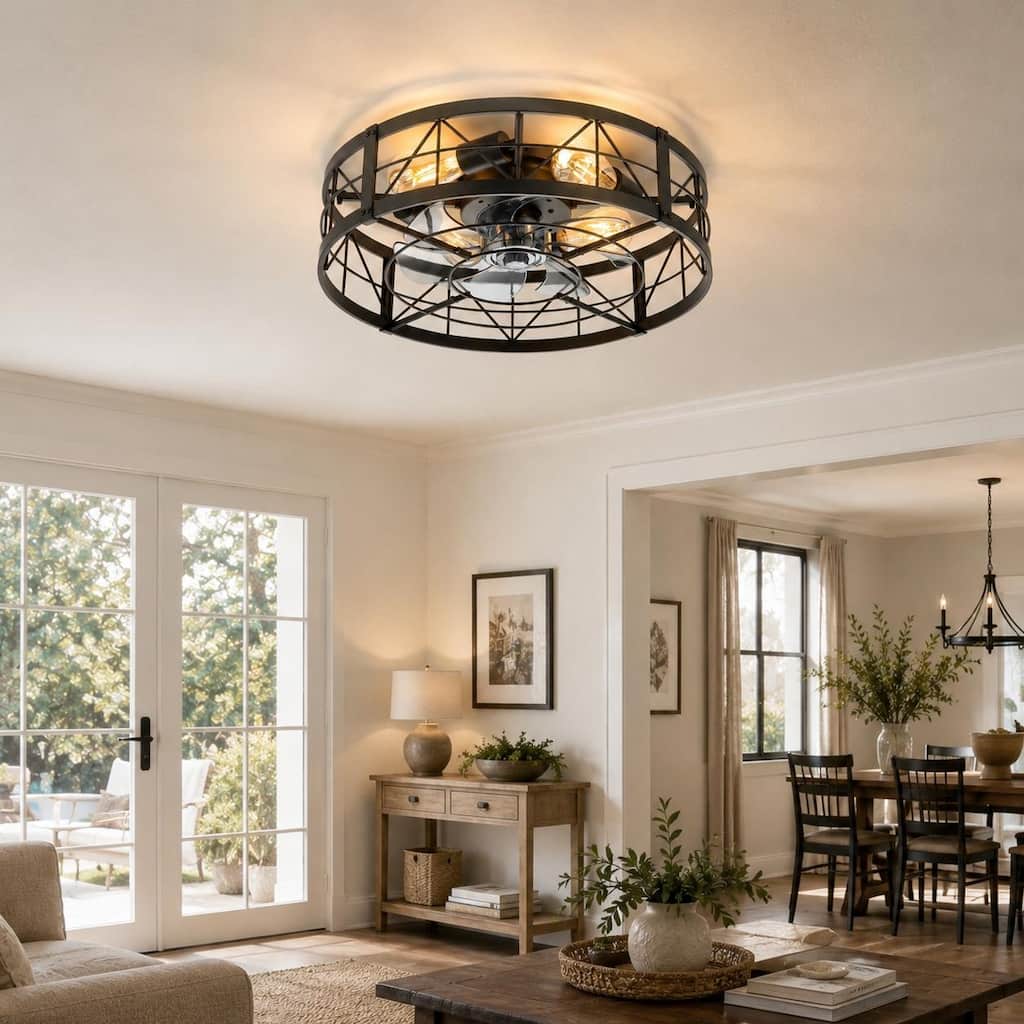 20" 7-Blade Matte Black Flush Mount Caged Ceiling Fan with Light and Remote
