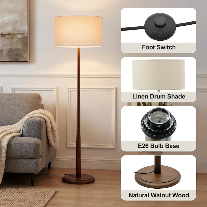 61" Walnut Wood Floor Lamp with Linen Drum Shade, Standing Lamp with Foot Step ON/OFF Switch (Bulb Not Included)