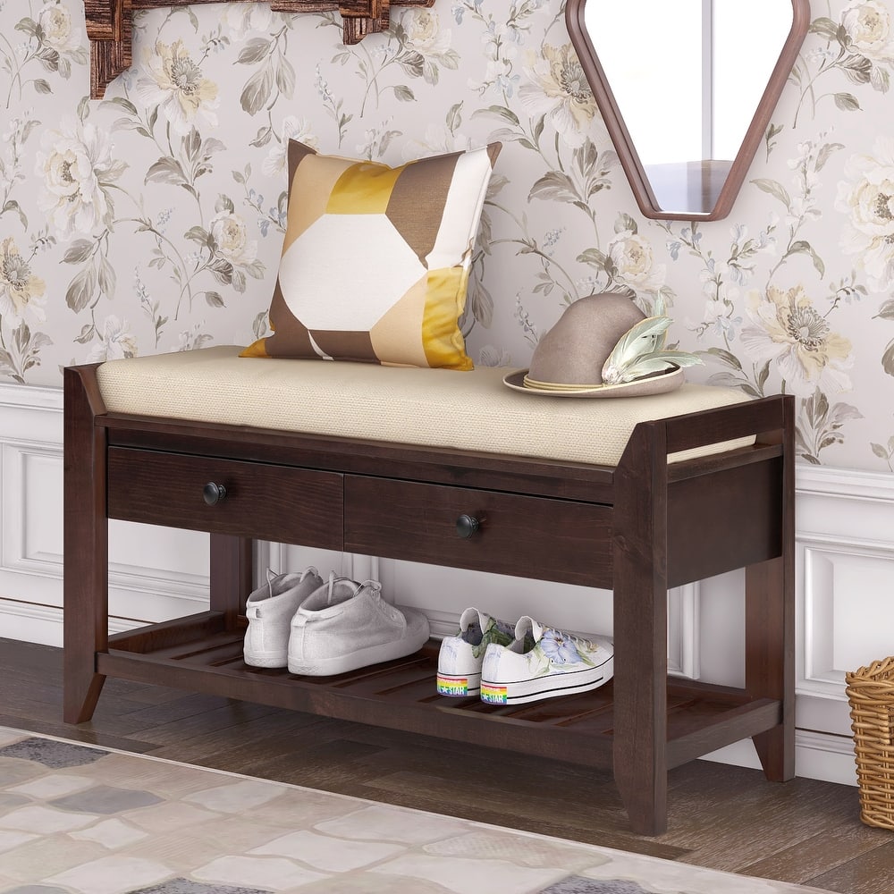 Shoe Rack Bench with Gridded Base Rack, Entryway Storage Bench with Cushioned Seat & Drawers for Front Door Entrance, Hallway