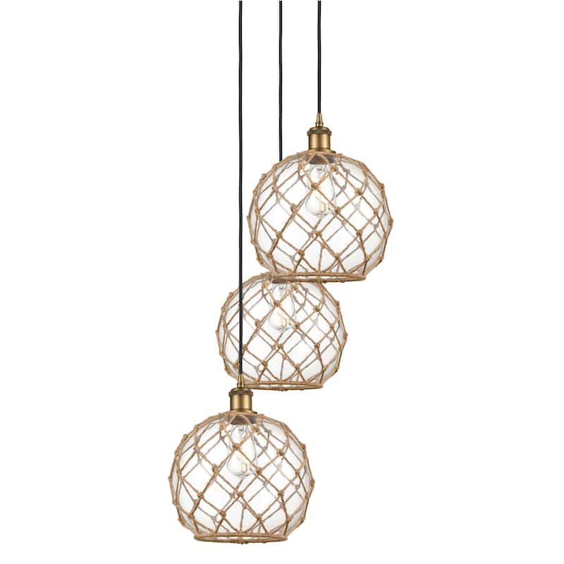 Innovations Lighting 113B-3P-37-17 Farmhouse Rope Pendant Farmhouse - Brushed Brass / Clear Glass with Brown Rope