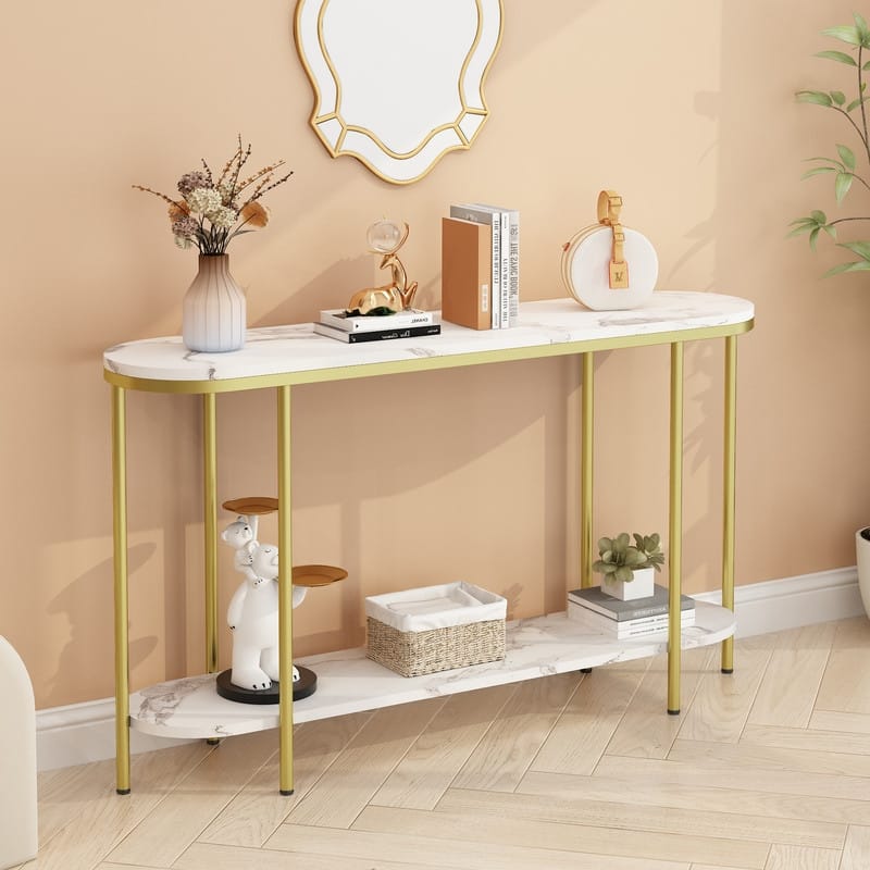 Console Table 2 Tier Narrow Entryway Table with Storage Shelves - Gold/White