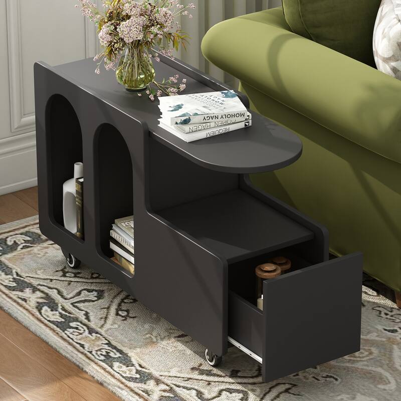 Mobile End Table with lockable wheels, Side Table with Storage Drawer, 11.8inch Narrow Nightstand with Multi-layer Storage
