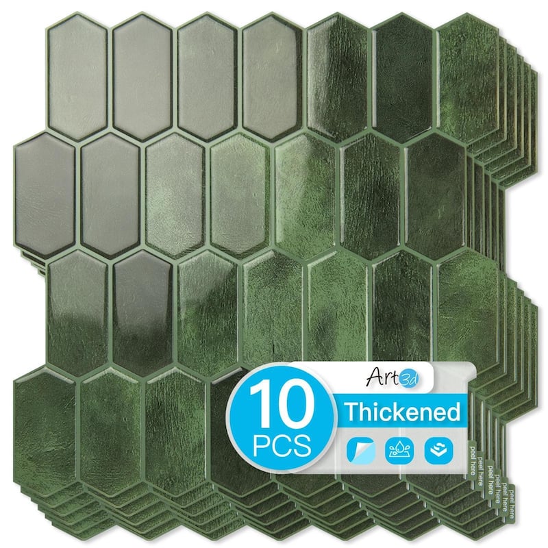 Art3d 10pcs Peel and Stick Backsplash Thickened Wall Tiles, 12''x12'', Cover 10 Sq.Ft. - Green