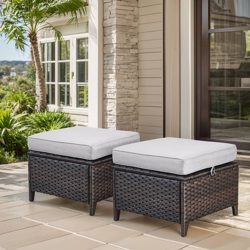 Outdoor Patio Ottoman for Swivel Chairs - Brown Wicker Beige Cushion - 2 Pieces Ottoman
