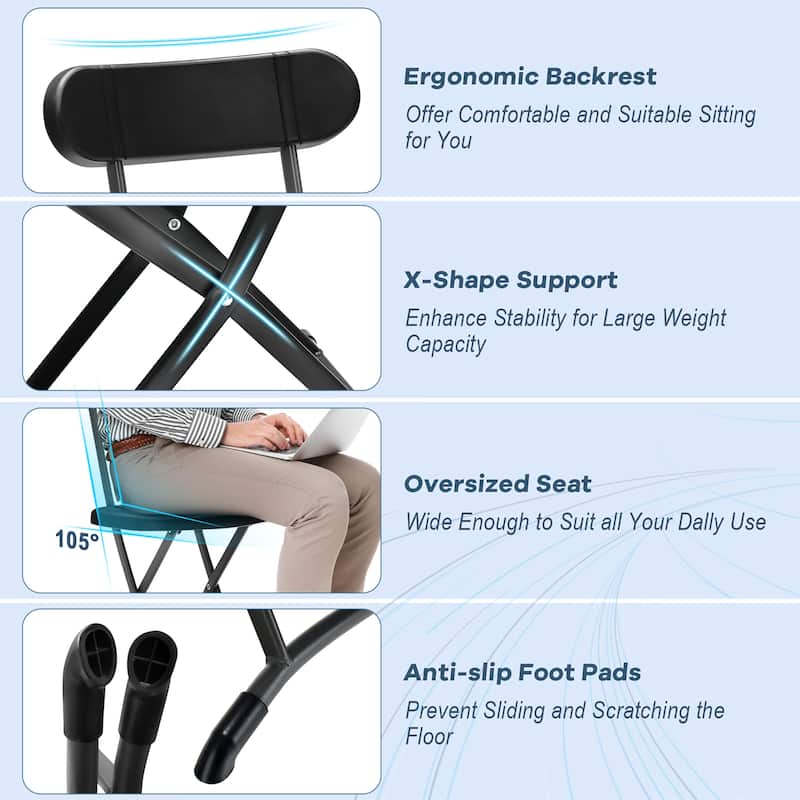 2-Pack Folding Chair with Wide Seat & Ergonomic Backrest Black/White