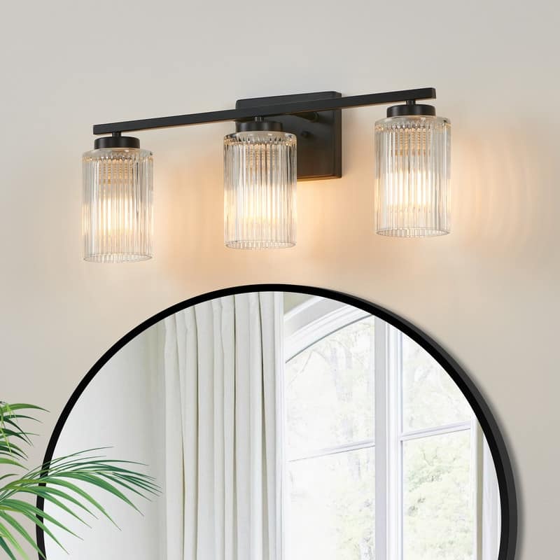 KAWOTI W22" 3-Light Ribbed Glass Bathroom Vanity - Black