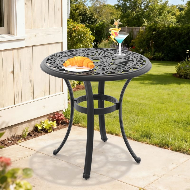 26.77 inch Black Round Cast Aluminum Patio Table with Umbrella Hole & Retro Design