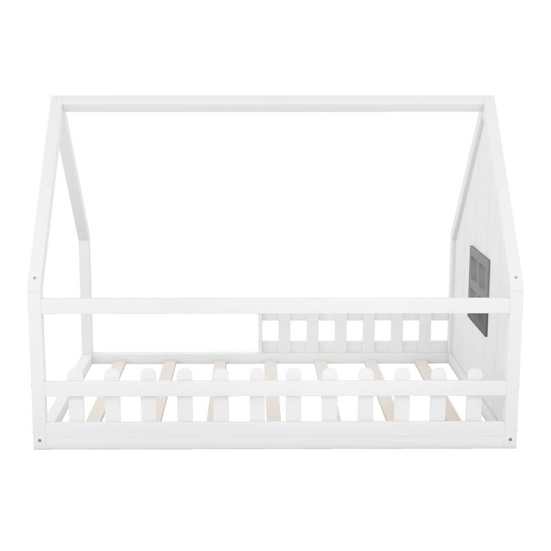 White Full Pine House Floor Bed with Window, Fence & Roof