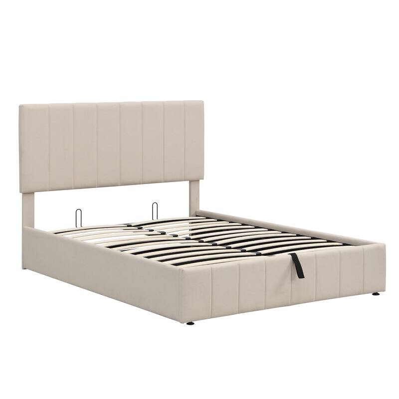 Full Size Linen Upholstery Low Profile Bed Pine Wood Upturned Platform