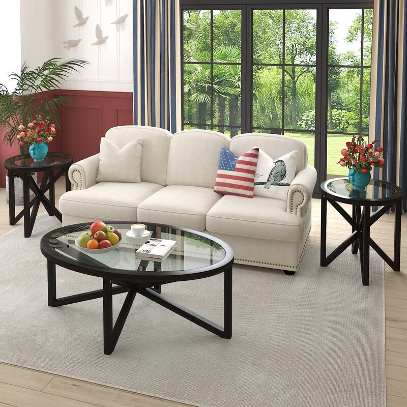 Tempered Glass Coffee Table Solid Wood Base Round Transparent Glass Top - Black