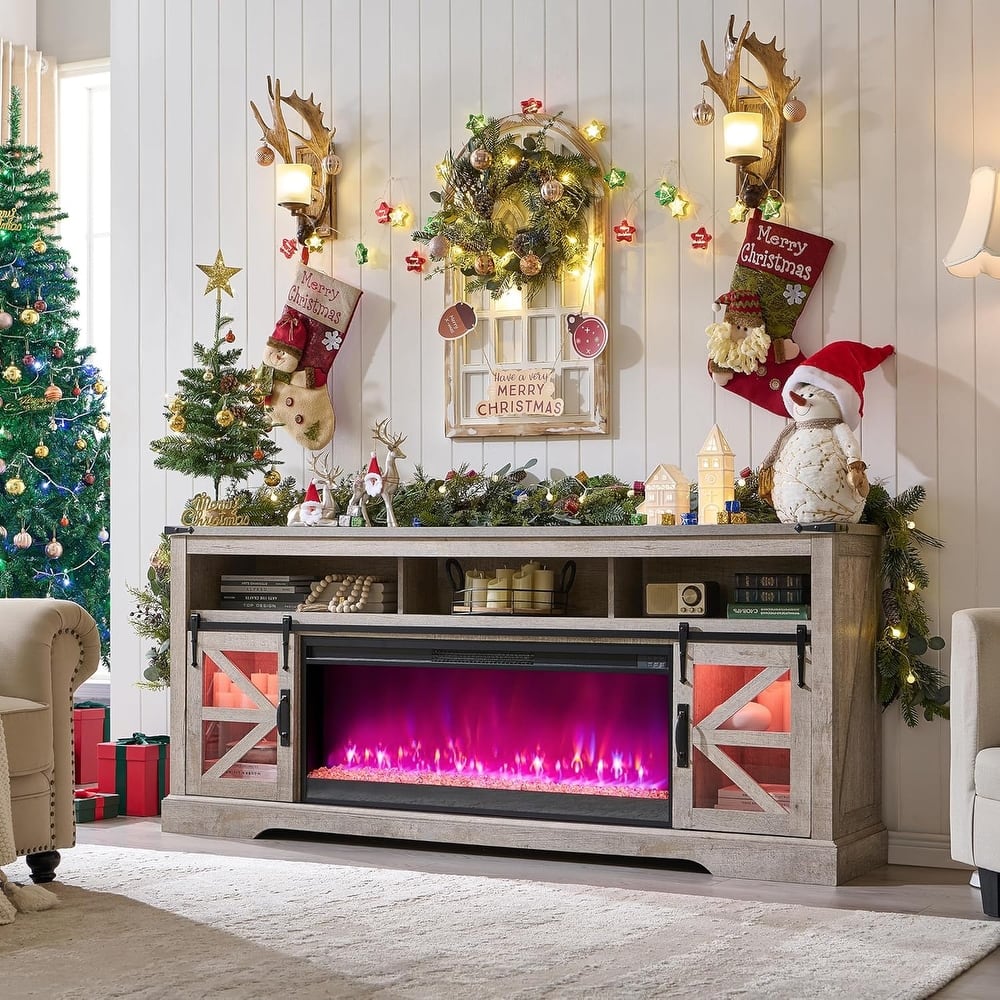 Farmhouse Fireplace TV Stand for 80" TV, Rustic Entertainment Center