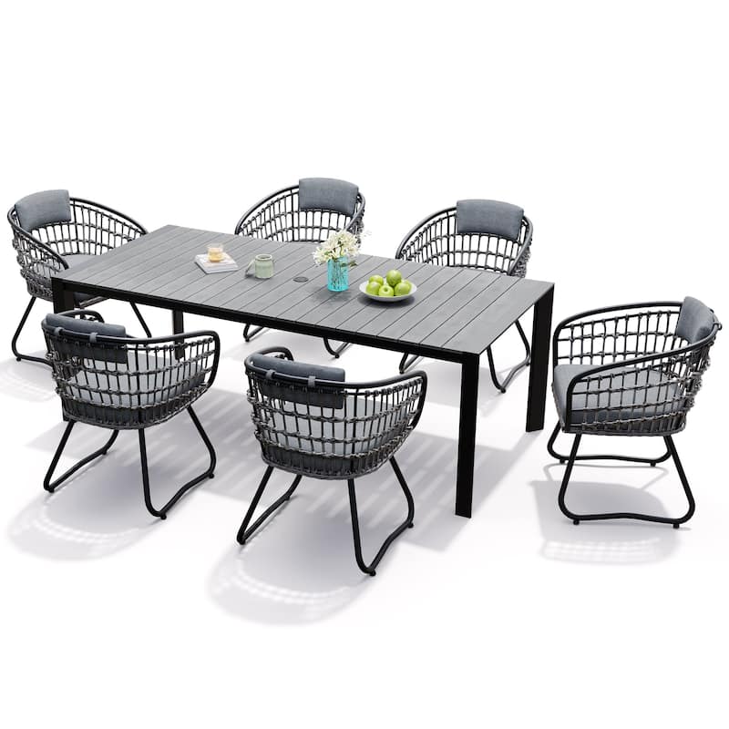 7-Piece Outdoor Patio Dining Set Aluminum Table with Umbrella Hole with Rattan Chairs - Grey