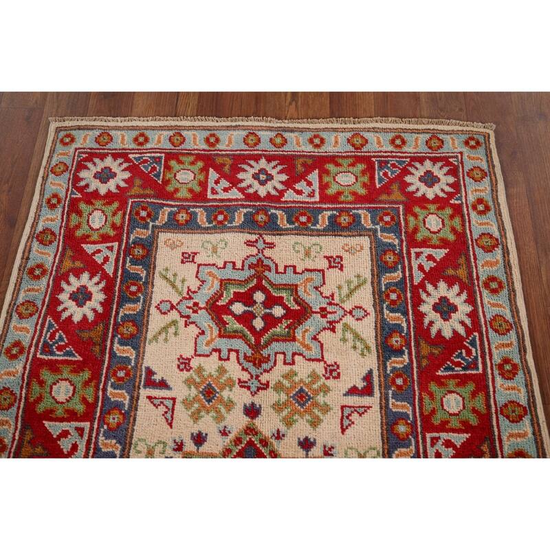Geometric Kazak Oriental Accent Rug Hand-Knotted Wool Carpet - 2'8" x 4'3"