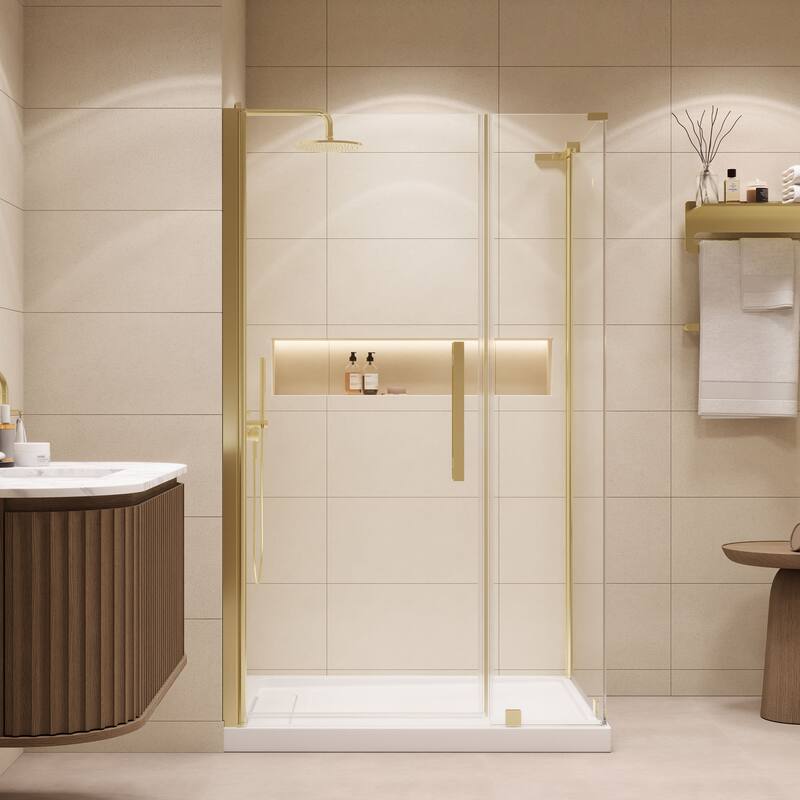 OVE Breeze Pivot Corner Frameless Pivot Shower Door Kit with Base Pan