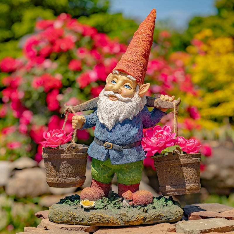 21 Inch Tall Spring Gnome Garden Statue Holding Two Buckets - Magnesium Oxide - Multi - Small