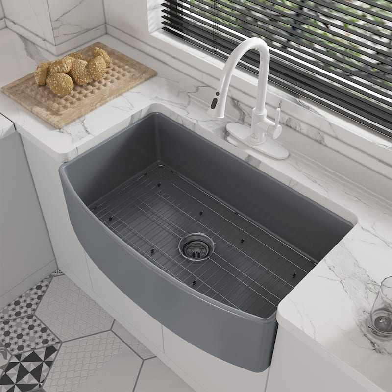 All-in-One Fireclay Curved Design Single Bowl Farmhouse/Apron-Front Kitchen Sink with Pull Down Kitchen Faucet and Accessories - Matte Gray Sink + Pull Down Kitchen Faucet