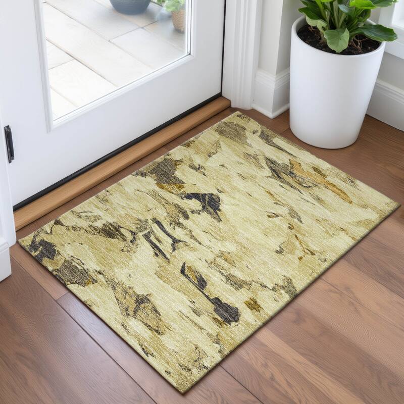 Premium Washable Super Soft Contemporary Brushstrokes Mayfield Rug - Gold - 1'8" x 2'6"
