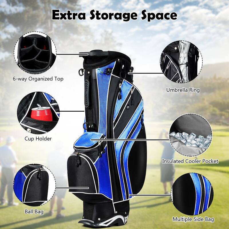 Blue Golf Stand Cart Bag with 6-Way Divider Carry Pockets
