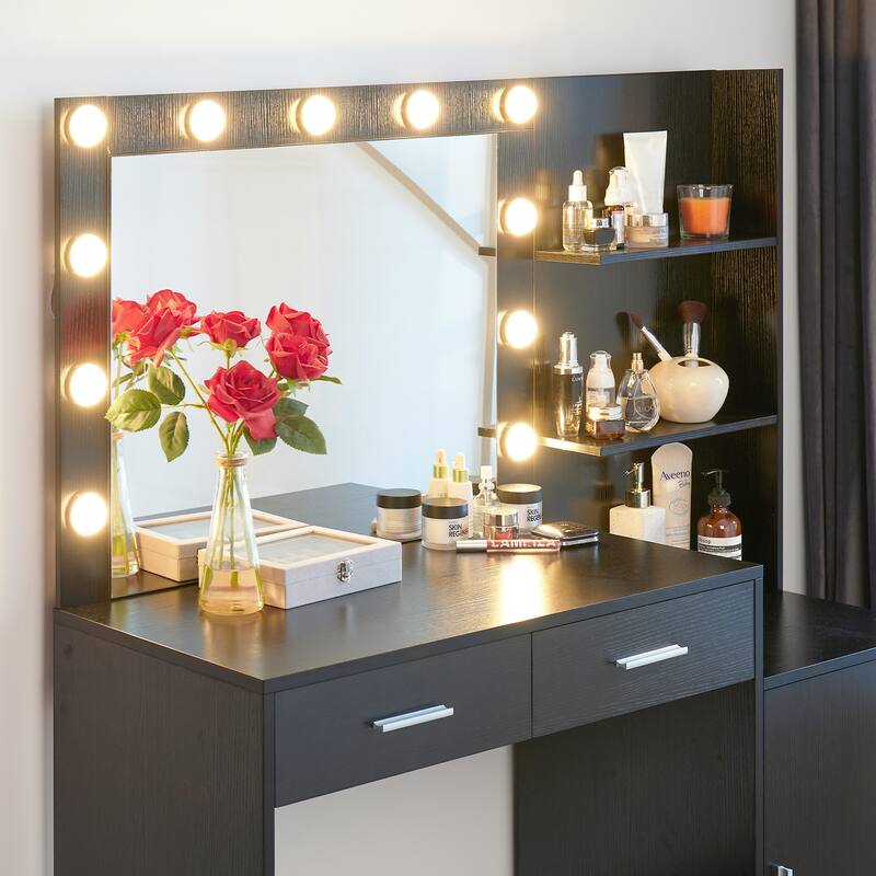 Makeup Vanity Desk with LED Lighted Mirror,Makeup Table with Drawers & Cabinet,Storage Stool,for Bedroom
