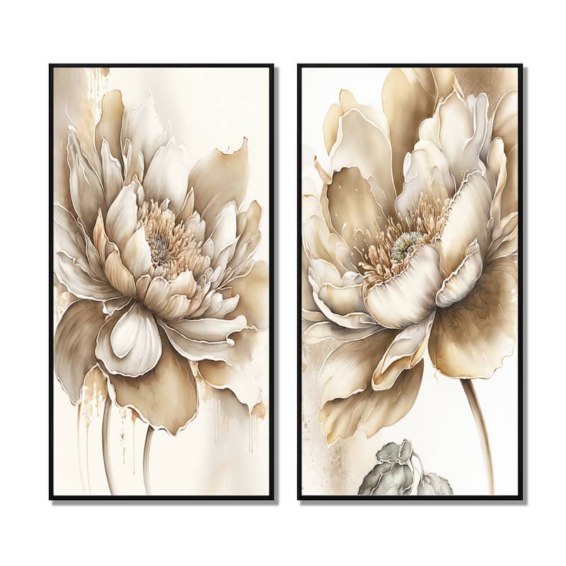 Designart "Indigold Beige Flower III" Floral Framed Wall Art Set Of 2 - Beige Gallery Wall Set For Home Decor