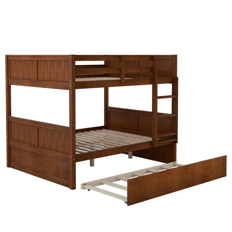 Full Over Full Bunk Bed with Twin Size Trundle, Solid Wood Bunkbed with