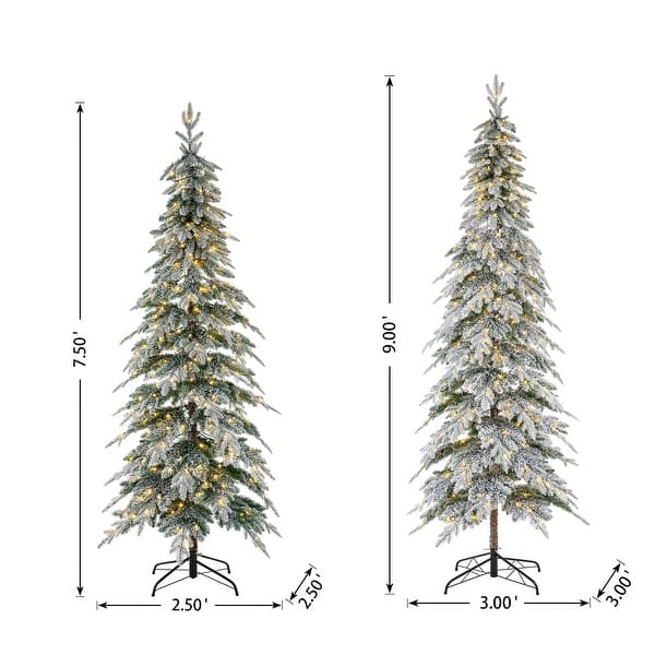 dimension image slide 2 of 3, Glitzhome Pre-Lit Flocked Pencil Spruce Artificial Christmas Tree with Warm White Lights