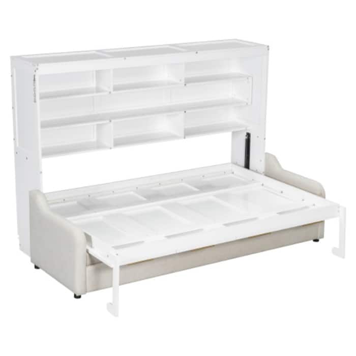Queen/Full Size Murphy Cabinet Bed - Converts to Folding Sofa with Storage Shelves and LED Lights