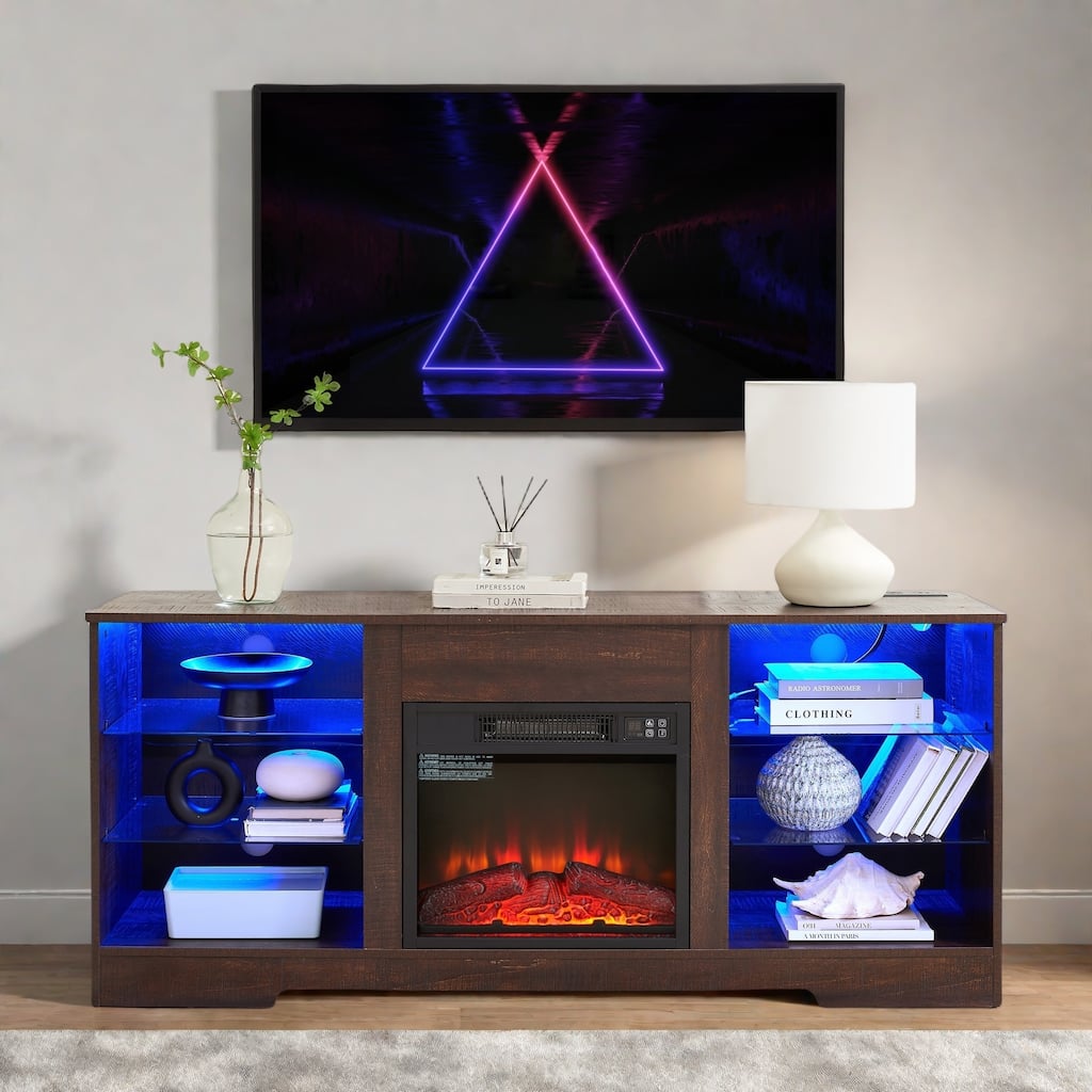 57.87" Electric Fireplace TV Stand with 2-in-1 Design with 7-Color LED Flames, USB Charging and App Control