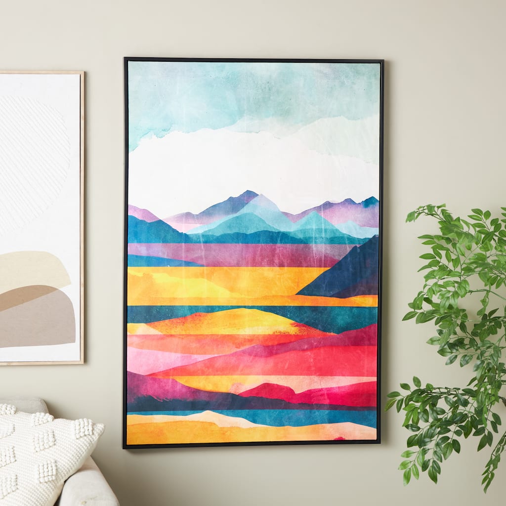 Multi Colored Canvas Mountains and Lake View Abstract Living Room Framed Wall Art with Black Frame
