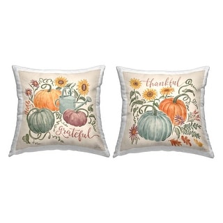 Stupell Thankful Grateful Autumnal Plants Floral Pumpkins Printed Throw Pillow by Janelle Penner (Set of 2)