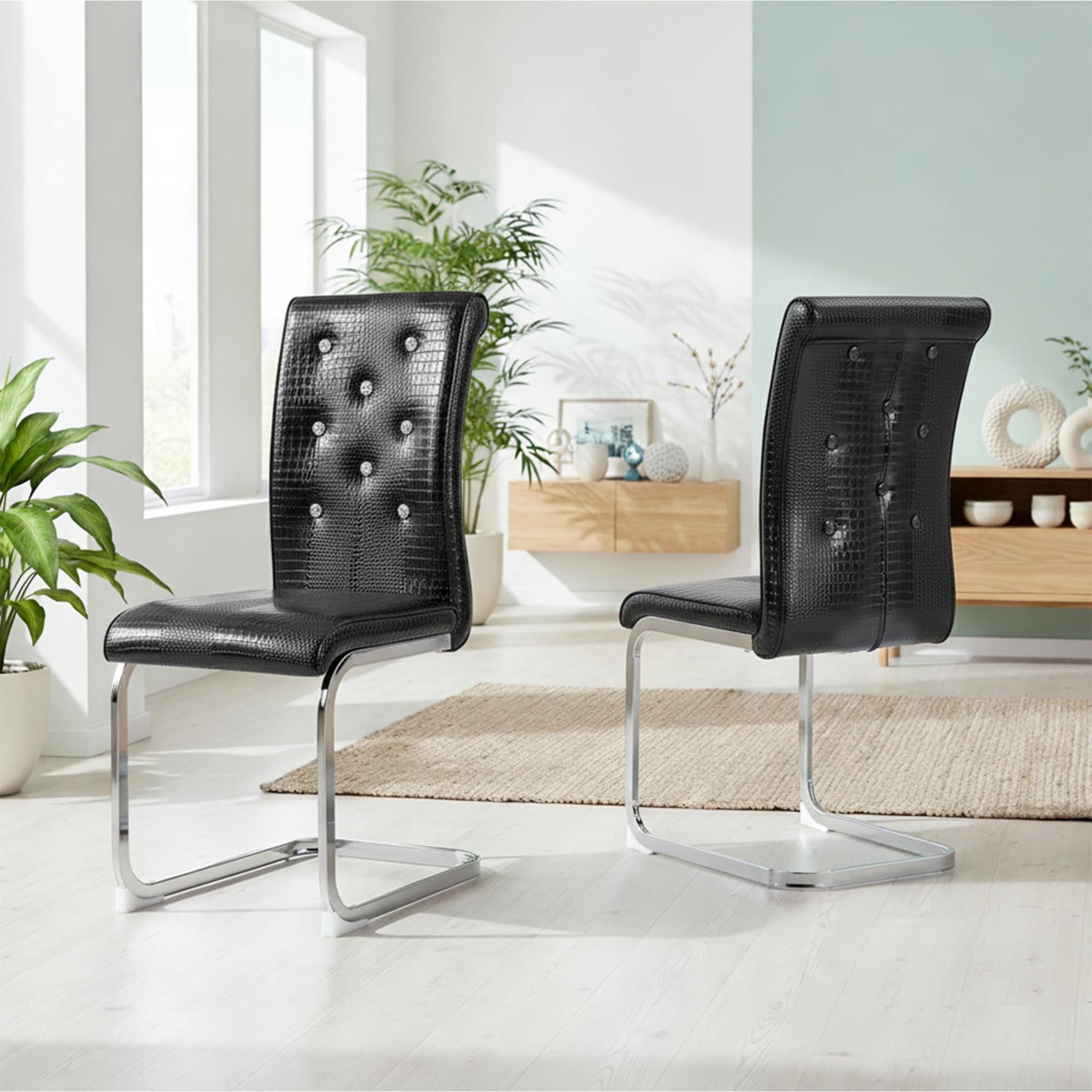 Set of 2 Modern Upholstered Dining Chairs with Tufted Back Featuring Crystal Button Accents and Faux Leather for Dining Room
