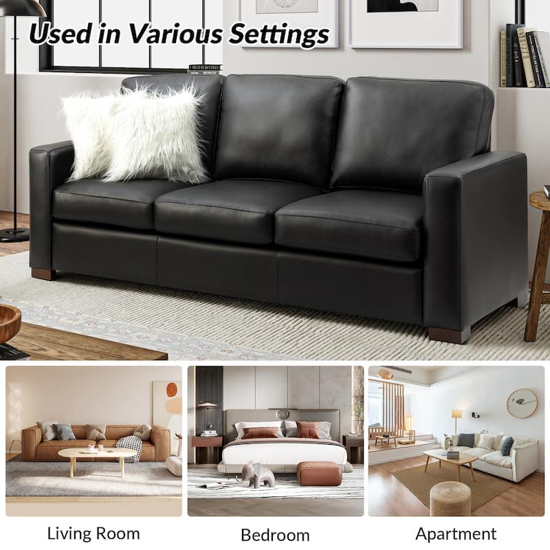 Ernando 83.46" Wide Genuine Leather Sofa with Squared Arms and Pillows