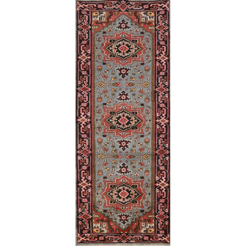Hand Knotted Oriental 100% Wool Carpet Traditional Geometric Navy Blue & Blues Heriz (serapi) Runner Rug - 7' 11'' X 2' 7''