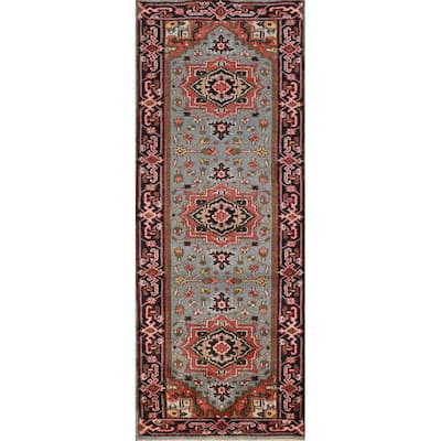 Hand Knotted Oriental 100% Wool Carpet Traditional Geometric Navy Blue & Blues Heriz (serapi) Runner Rug - 7' 11'' X 2' 7''