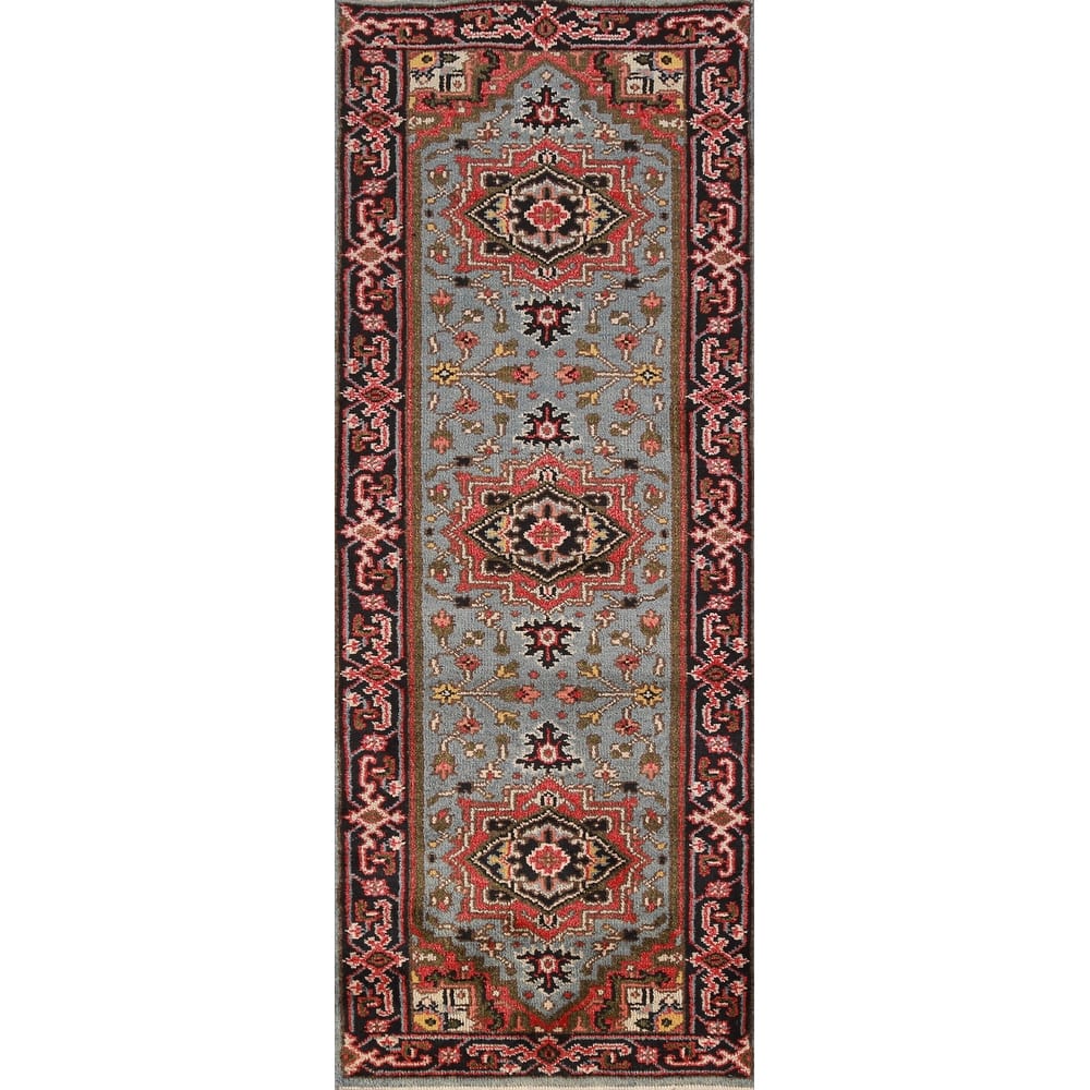 Hand Knotted Oriental 100% Wool Carpet Traditional Geometric Navy Blue & Blues Heriz (serapi) Runner Rug - 7' 11'' X 2' 7''
