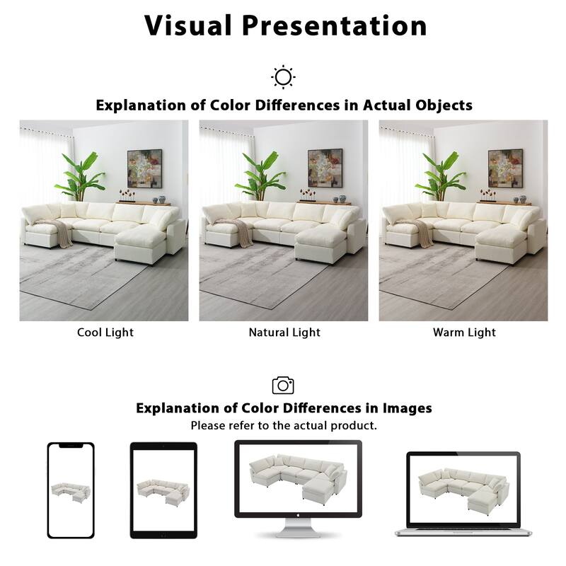 Oversized Chenille Sectional Sofa Bed, Modular 6 Seater Cloud Sofa with Ottoman, Convertible U Shaped Sleeper Sofa with Pillow