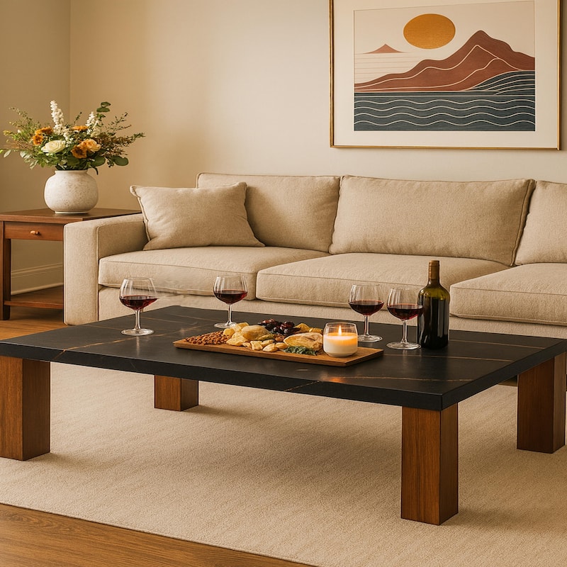 Strata Belmont Coffee Table Marble Inspired Top Wood Legs Modern Decor