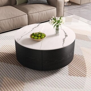 Modern Round Movable Coffee Table with Casters - 2 Drawers and Marble ...